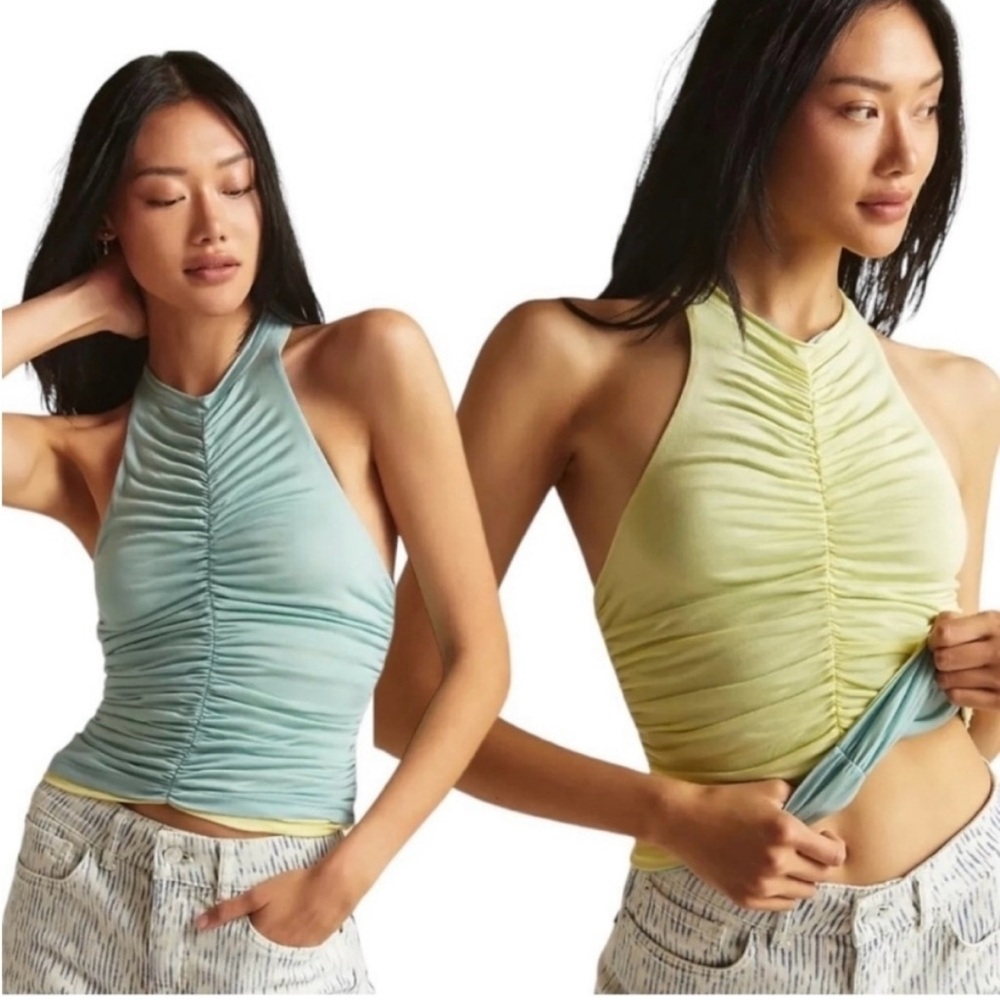 NWT Anthropologie Pilcro Ruched Reversible Blue Yellow TankTop Size Small